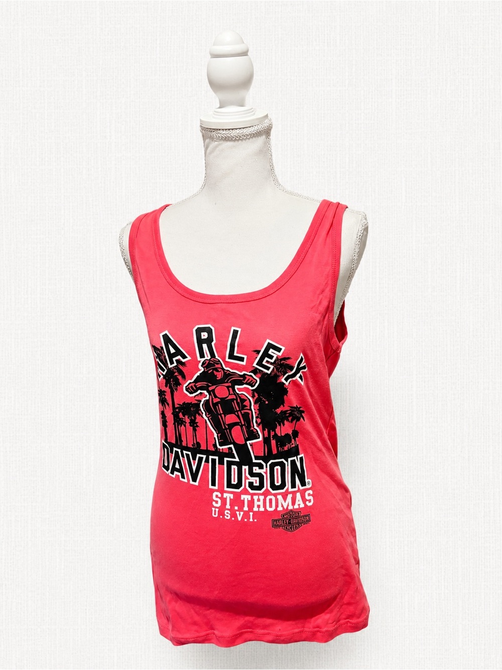 Harley-Davidson Women's Coral Red Graphic Tank with Black & White Print
